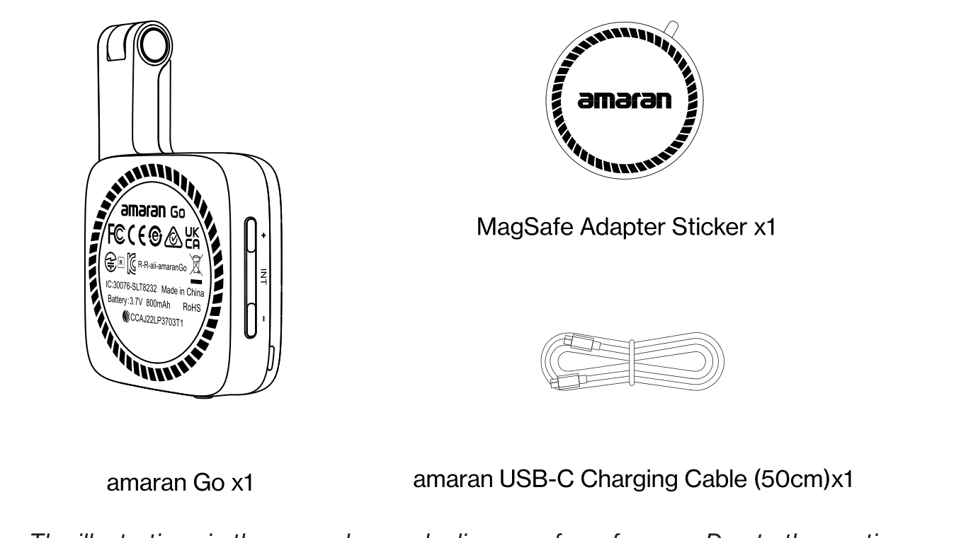 amaran Go components: the light, a MagSafe adapter sticker, and a 50cm USB-C charging cable