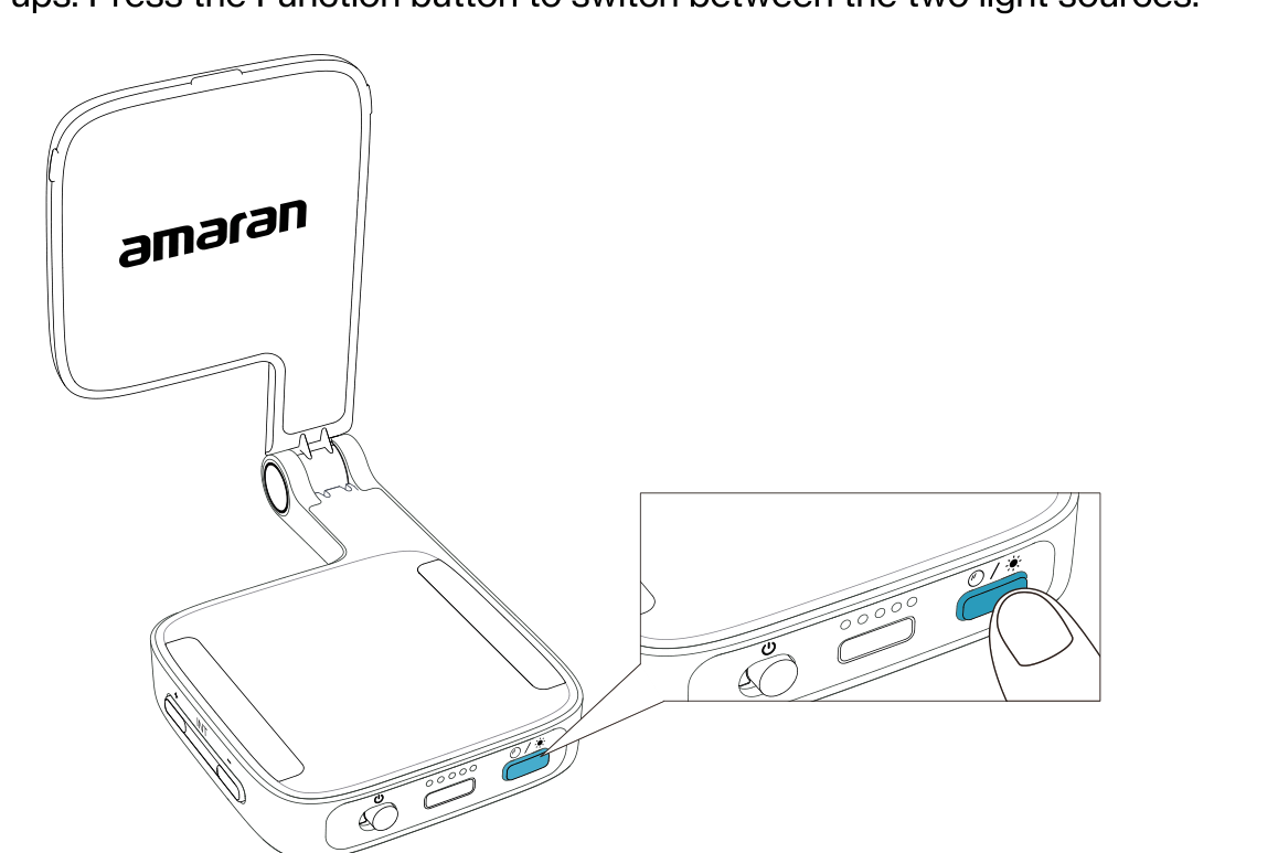 Pressing the Function button on the bottom of the amaran Go to switch between the main light and the built-in mirror light