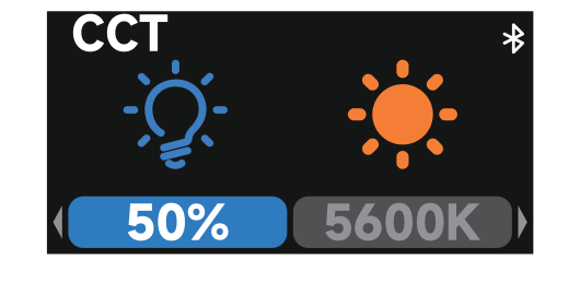 amaran Halo CCT screen showing 50% brightness and 5600K color temperature