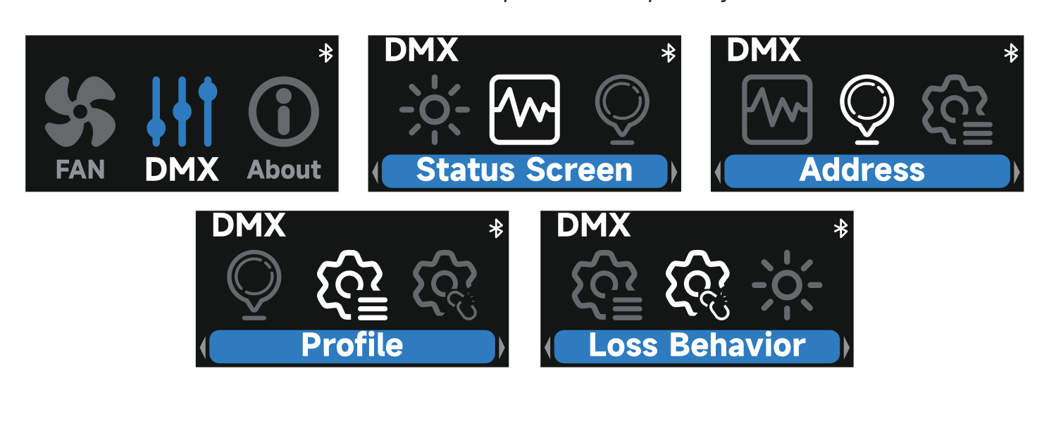 amaran Halo DMX menu options: Status Screen, Address, Profile, and Loss Behavior