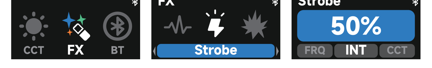 amaran Halo FX menu and Strobe effect parameters