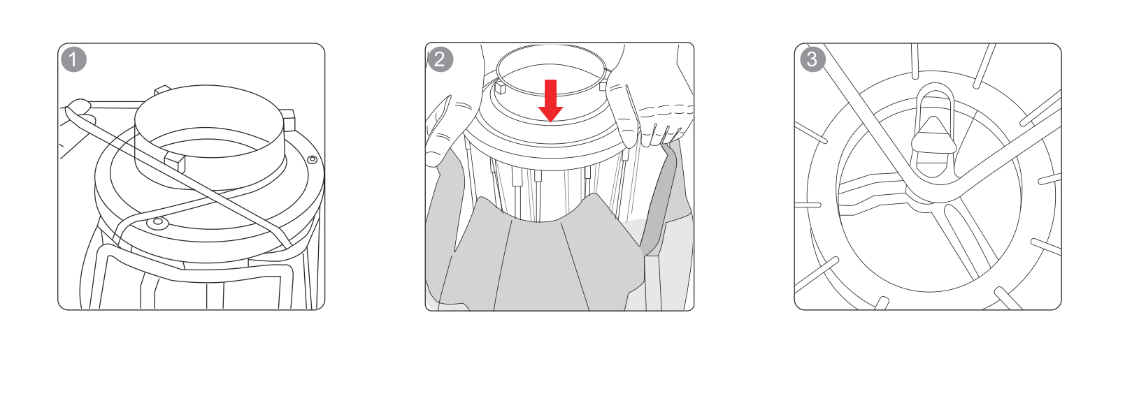 Three-step amaran Lantern assembly diagram: seat the speed ring, press the base down onto the bolt holes, and secure the frame