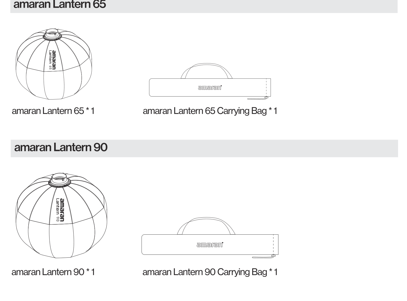 amaran Lantern 65 and Lantern 90 components: lantern softbox and carrying bag for each size