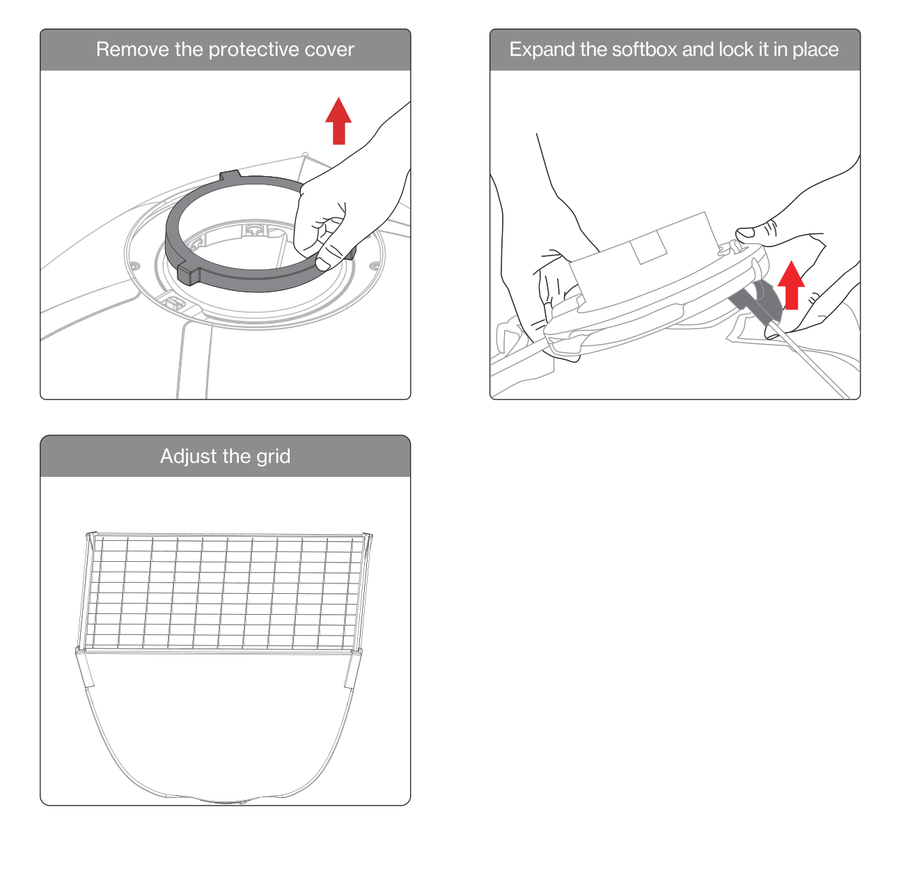 Remove the protective cover, expand and lock the softbox, and adjust the grid