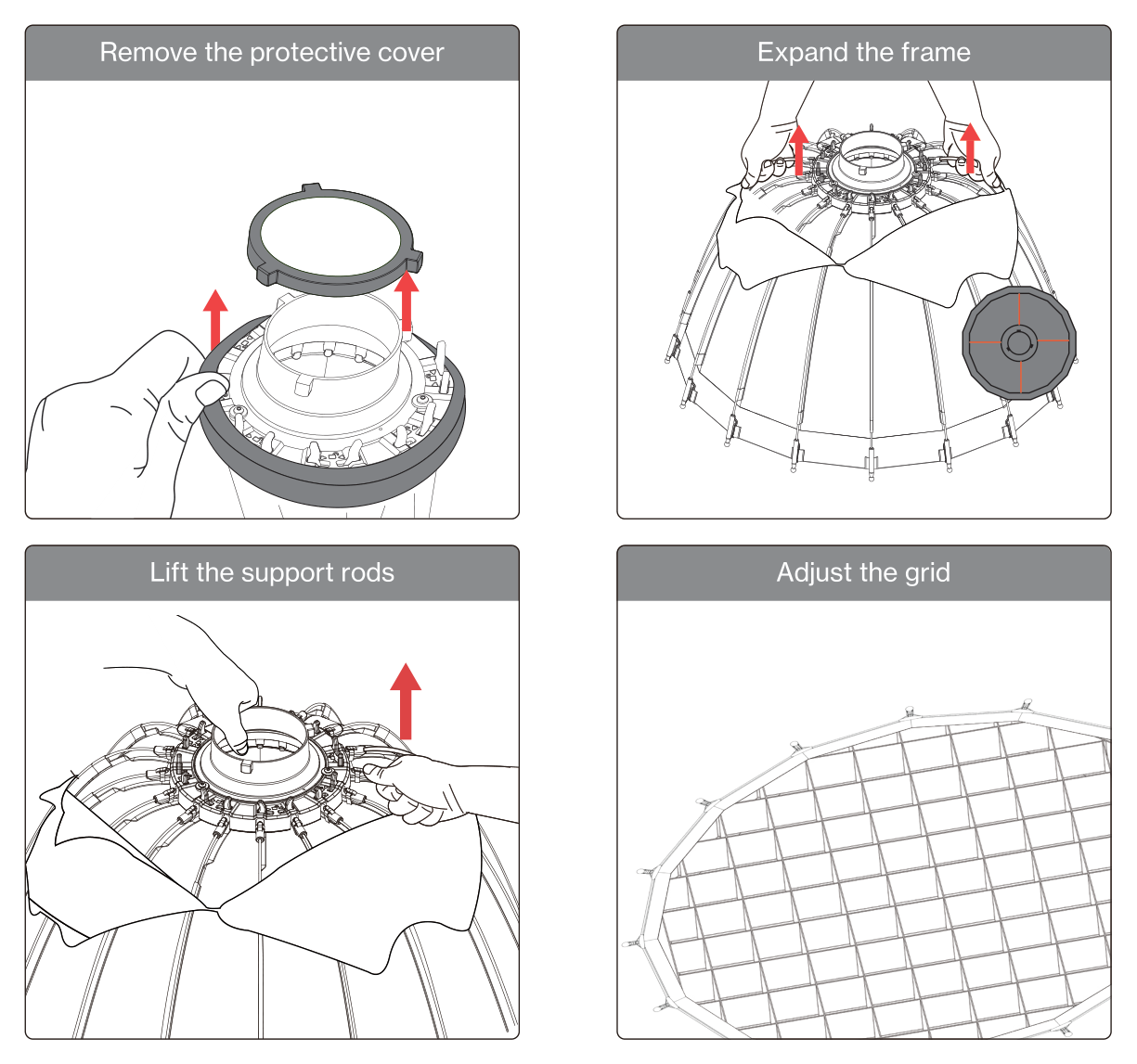 amaran Light Dome installation steps: remove the protective cover, expand the frame, lift the support rods, and adjust the grid