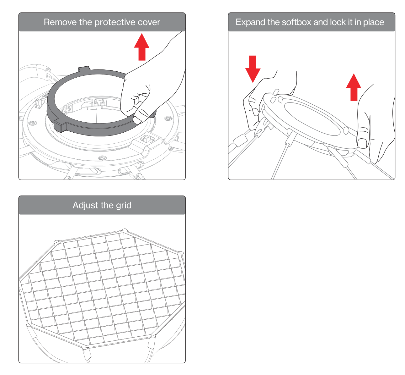 Removing the protective cover, expanding and locking the softbox, and adjusting the grid