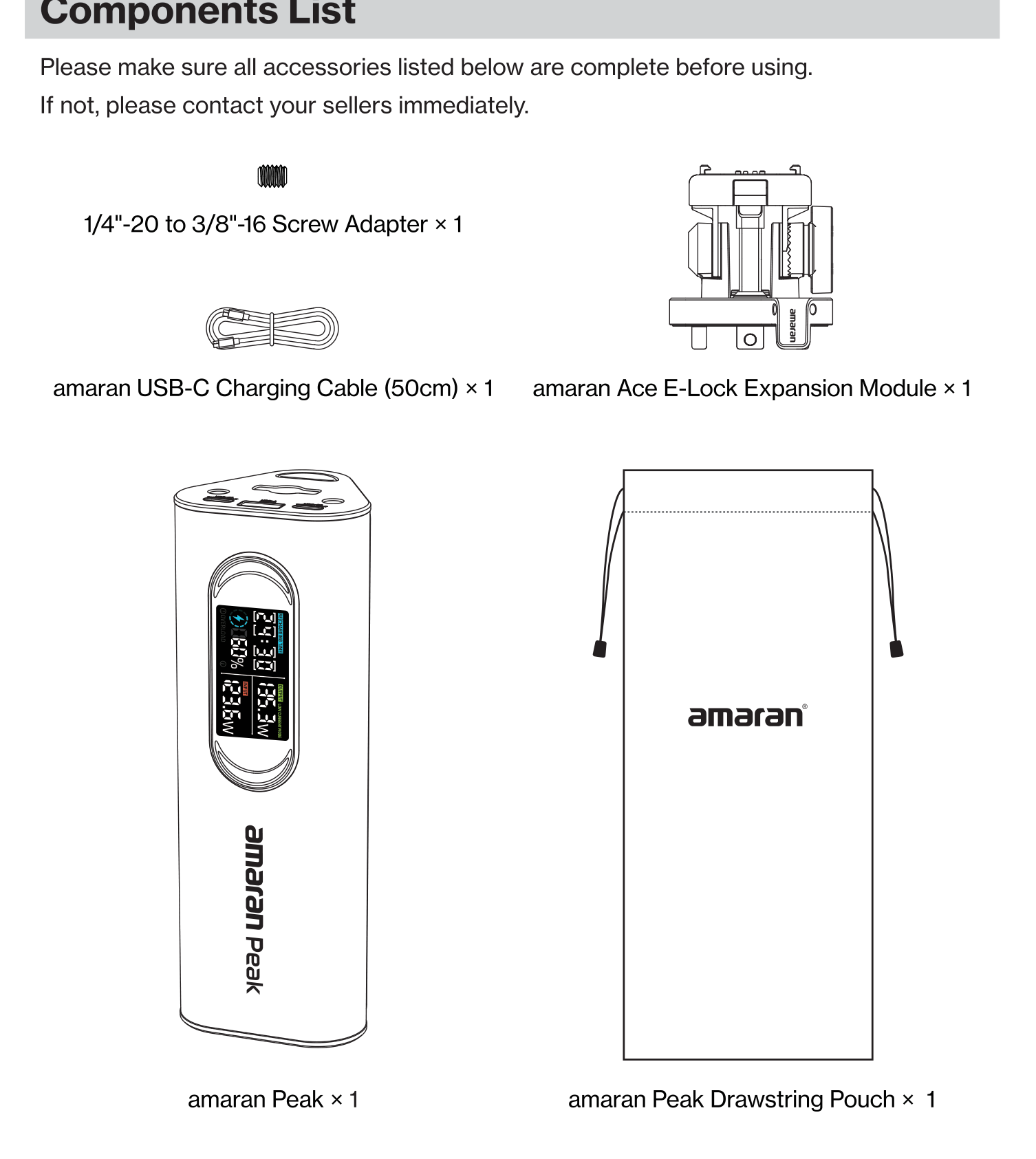 amaran Peak components: power bank, Ace E-Lock Expansion Module, USB-C cable, screw adapter, and drawstring pouch