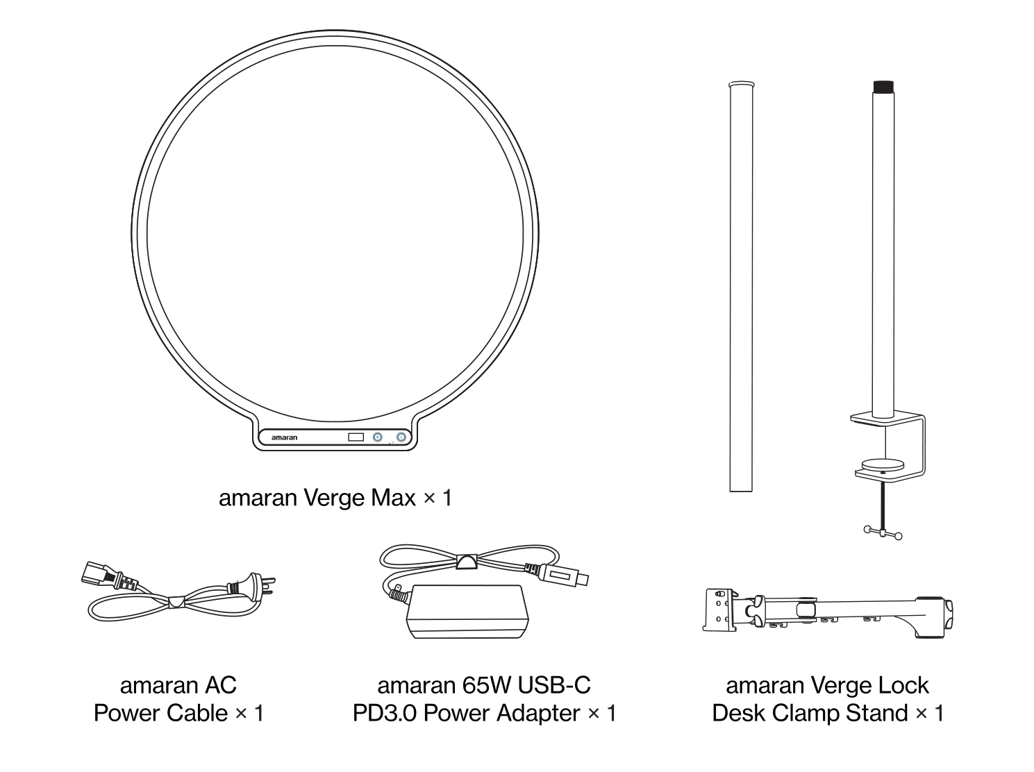 amaran Verge Max components: the light, AC power cable, 65W USB-C PD3.0 power adapter, and Verge Lock desk clamp stand