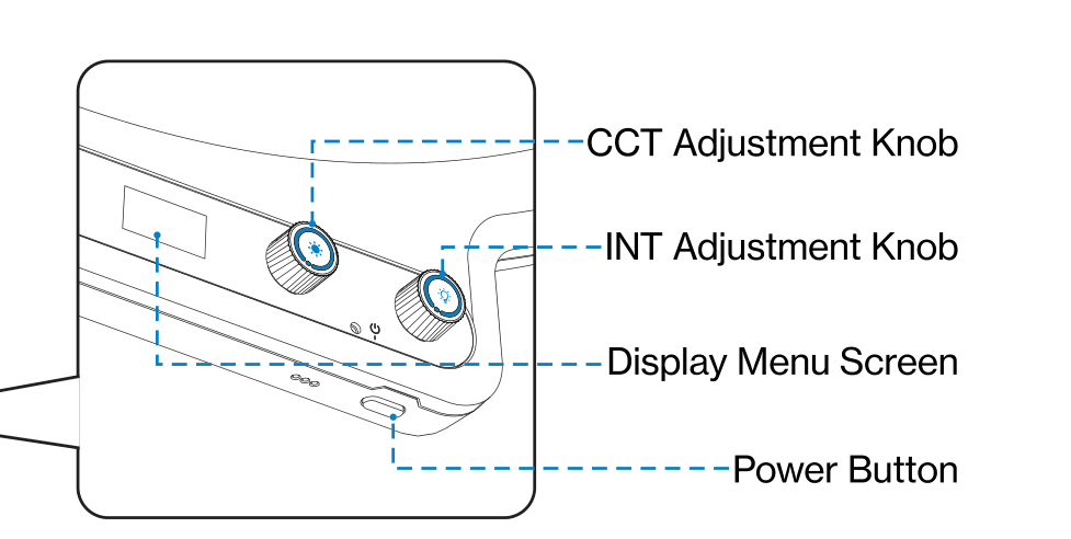 amaran Verge Max front controls: CCT Adjustment Knob, INT Adjustment Knob, Display Menu Screen, and Power Button